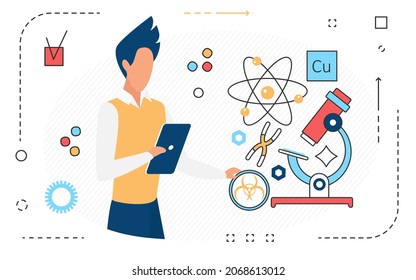 Modern science research technology concept vector illustration. Cartoon microscope equipment, experiment symbol and scientist man isolated on white