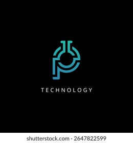 Modern Science and Tech Letter P Logo with Lab Symbol.