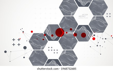 Modern science or technology abstract background using hexagonal shapes. Wireframe spot surface illustration. Vector.