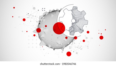 La ciencia moderna o la tecnología de fondo abstracto usando la rueda cognitiva. Ilustración de la superficie de la mancha del marco de cables. Vector.
