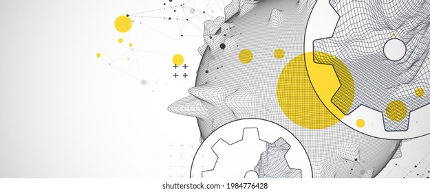 La ciencia moderna o la tecnología de fondo abstracto usando la rueda cognitiva. Ilustración de la superficie de la mancha del marco de cables. Vector.