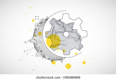 Modern science or technology abstract background using  cogwheel. Wireframe spot surface illustration. Vector.