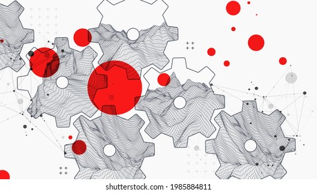 Modern science or technology abstract background using  cogwheel. Wireframe spot surface illustration. Vector.