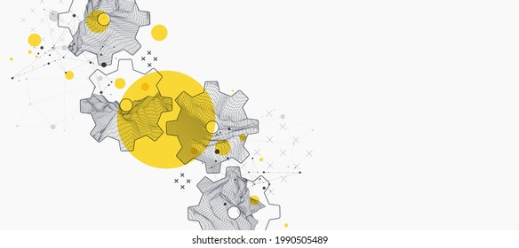 Modern science or technology abstract background using  cogwheel. Wireframe spot surface illustration. Vector.