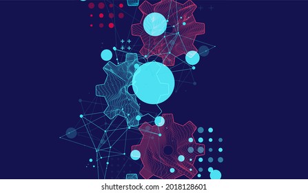 Modern science or technology abstract background using cogwheel. Wireframe spot surface illustration. Vector.