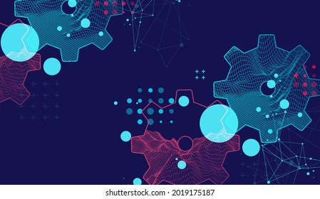 Modern science or technology abstract background using cogwheel. Wireframe spot surface illustration. Vector.