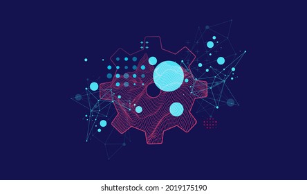 Modern science or technology abstract background using cogwheel. Wireframe spot surface illustration. Vector.