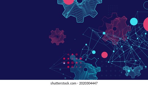 Modern science or technology abstract background using cogwheel. Wireframe spot surface illustration. Vector.