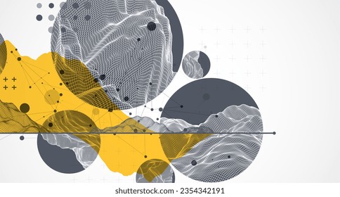 El fondo abstracto de la ciencia moderna se basa en formas redondeadas. Ilustración de la superficie de la mancha del marco de cables.  Vector