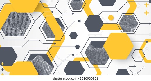 Fondo abstracto de ciencia o tecnología moderna utilizando Formas hexagonales. Ilustración de superficie de punto de alambre. Vector.