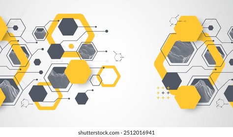 Fondo abstracto de ciencia o tecnología moderna utilizando Formas hexagonales. Ilustración de superficie de punto de alambre. Vector.