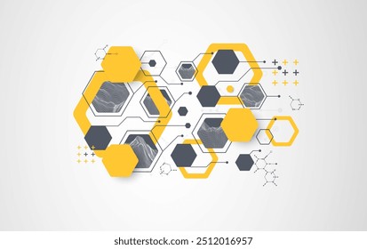 Fondo abstracto de ciencia o tecnología moderna utilizando Formas hexagonales. Ilustración de superficie de punto de alambre. Vector.