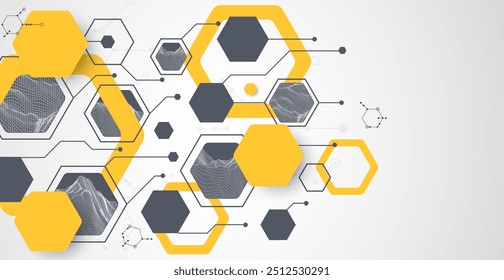 Fondo abstracto de ciencia o tecnología moderna utilizando Formas hexagonales. Ilustración de superficie de punto de alambre. Vector.