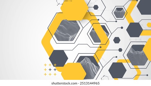 Fondo abstracto de ciencia o tecnología moderna utilizando Formas hexagonales. Ilustración de superficie de punto de alambre. Vector.