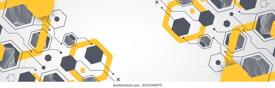 Fondo abstracto de ciencia o tecnología moderna utilizando Formas hexagonales. Ilustración de superficie de punto de alambre. Vector.