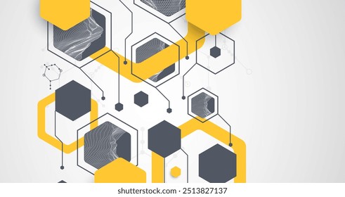 Fondo abstracto de ciencia o tecnología moderna utilizando Formas hexagonales. Ilustración de superficie de punto de alambre. Vector.