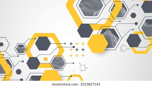 Fondo abstracto de ciencia o tecnología moderna utilizando Formas hexagonales. Ilustración de superficie de punto de alambre. Vector.