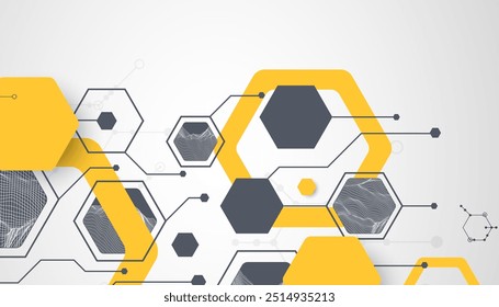 Fondo abstracto de ciencia o tecnología moderna utilizando Formas hexagonales. Ilustración de superficie de punto de alambre. Vector.