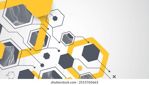 Fondo abstracto de ciencia o tecnología moderna utilizando Formas hexagonales. Ilustración de superficie de punto de alambre. Vector.