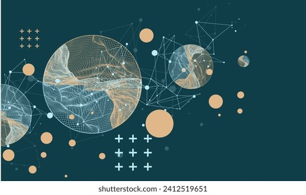 Elementos científicos o tecnológicos modernos. Fondo abstracto de moda. Ilustración de la superficie del ciberespacio. Vector dibujado a mano.