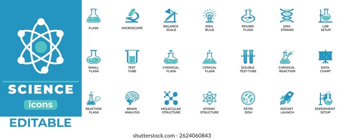Ícones modernos de vetores científicos para tecnologia, educação, uso em laboratório. Designs limpos e minimalistas, editáveis e escaláveis para apresentações, aplicativos, sites