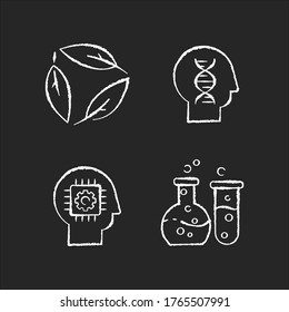 Modern sciences chalk white icons set on black background. Formal and natural scientific disciplines. Human biology, ecology, cybernetics and chemistry. Isolated vector chalkboard illustrations