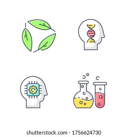 Modern sciences RGB color icons set. Formal and natural scientific disciplines. Human biology, ecology, cybernetics and chemistry. Isolated vector illustrations