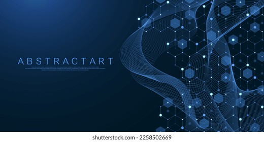 Modern scientific abstract background with hexagon shapes, lines and dots. Innovation concept design with hexagons and wave flow. Molecular structure idea. Geometric pattern. Vector illustration.