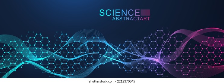 Modern scientific background with hexagons, lines and dots. Wave flow abstract background. Molecular structure for medical, technology, chemistry, science. Vector illustration.