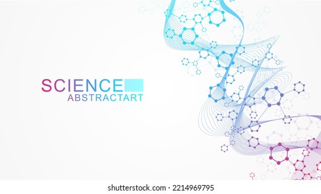 Modern scientific background with hexagons, lines and dots. Wave flow abstract background. Molecular structure for medical, technology, chemistry, science. Vector illustration.