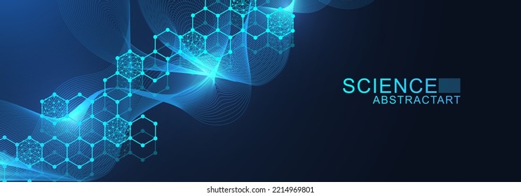 Modern scientific background with hexagons, lines and dots. Wave flow abstract background. Molecular structure for medical, technology, chemistry, science. Vector illustration.