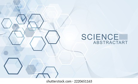 Modern scientific background with hexagons, lines and dots. Wave flow abstract background. Molecular structure for medical, technology, chemistry, science. Vector illustration