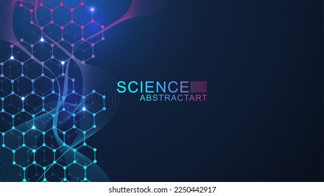 Modern scientific background with hexagons, lines and dots. Wave flow abstract background. Molecular structure for medical, technology, chemistry, science. Vector illustration