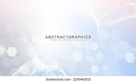 Fondo científico moderno con hexágonos, líneas y puntos. Fondo abstracto de flujo de onda. Estructura molecular para medicina, tecnología, química, ciencia. Ilustración del vector