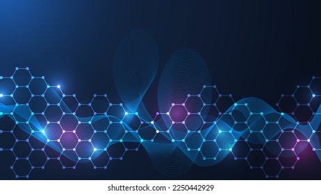 Fondo científico moderno con hexágonos, líneas y puntos. Fondo abstracto de flujo de onda. Estructura molecular para medicina, tecnología, química, ciencia. Ilustración del vector