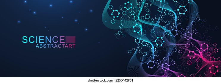 Modern scientific background with hexagons, lines and dots. Wave flow abstract background. Molecular structure for medical, technology, chemistry, science. Vector illustration