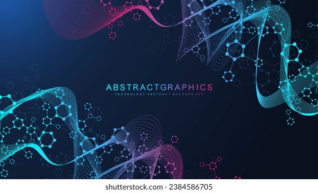 Moderner wissenschaftlicher Hintergrund mit Hexagonen, Linien und Punkten. Wellenfluss abstrakter Hintergrund. Molekulare Struktur für Medizin, Technologie, Chemie, Wissenschaft. Vektorgrafik
