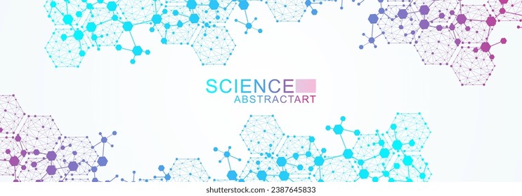 Moderner wissenschaftlicher Hintergrund mit Hexagonen, Linien und Punkten. Wellenfluss abstrakter Hintergrund. Molekulare Struktur für Medizin, Technologie, Chemie, Wissenschaft. Vektorgrafik