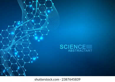 Modern scientific background with hexagons, lines and dots. Wave flow abstract background. Molecular structure for medical, technology, chemistry, science. Vector illustration
