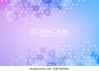 Modern scientific background with hexagons, lines and dots. Wave flow abstract background. Molecular structure for medical, technology, chemistry, science. Vector illustration