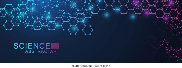 Modern scientific background with hexagons, lines and dots. Wave flow abstract background. Molecular structure for medical, technology, chemistry, science. Vector illustration