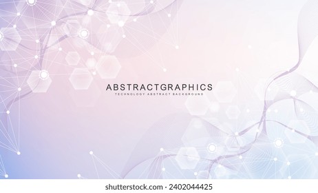 Modern scientific background with hexagons, lines and dots. Wave flow abstract background. Molecular structure for medical, technology, chemistry, sci