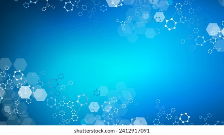 Modern scientific background with hexagons, lines and dots. Wave flow abstract background. Molecular structure for medical, technology, chemistry, science. Vector illustration