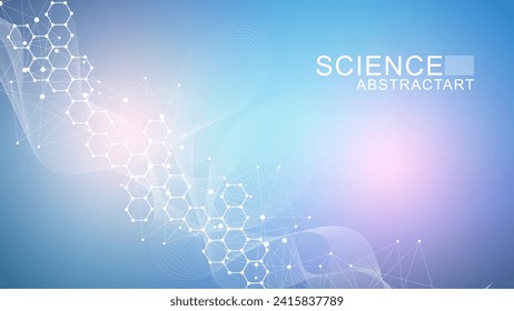 Modern scientific background with hexagons, lines and dots. Wave flow abstract background. Molecular structure for medical, technology, chemistry, science. Vector illustration