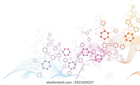 Modern scientific background with hexagons, lines and dots. Wave flow abstract background. Molecular structure for medical, technology, chemistry, science. Vector illustration