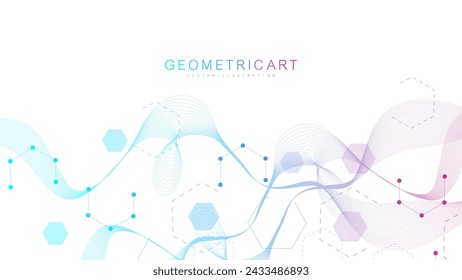 Fondo científico moderno con hexágonos, líneas y puntos. Fondo abstracto de flujo de onda. Estructura molecular para medicina, tecnología, química, ciencia. Ilustración de vector