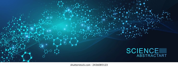 Moderner wissenschaftlicher Hintergrund mit Sechsecken, Linien und Punkten. Abstrakter Hintergrund des Wellenflusses. Molekulare Struktur für Medizin, Technologie, Chemie, Wissenschaft. Vektorgrafik