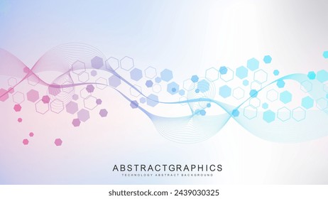 Modern scientific background with hexagons, lines and dots. Wave flow abstract background. Molecular structure for medical, technology, chemistry, science. Vector illustration