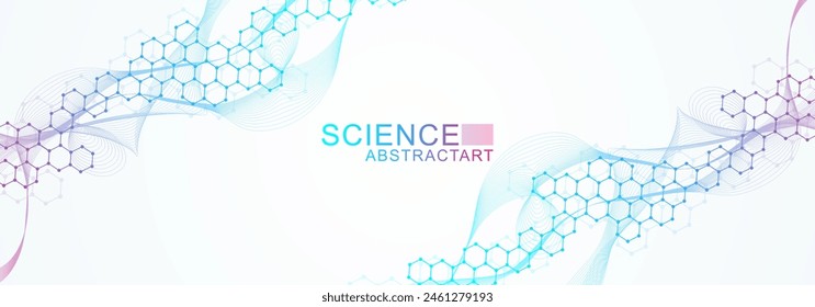 Modern scientific background with hexagons, lines and dots. Wave flow abstract background. Molecular structure for medical, technology, chemistry, science. Vector illustration.