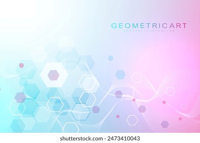 Modern scientific background with hexagons, lines and dots. Wave flow abstract background. Molecular structure for medical, technology, chemistry, science. Vector illustration